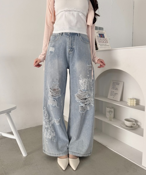 Loueme（ルエム）の「クラッシュレースプリントデニムパンツ（デニムパンツ・レディース・ライトブルー・M/S）」の10枚目の写真