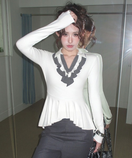 ADDITION STORE(アディションストア)の「\ワンホン大人女子オススメ/ フリルVネック ロングスリーブ ポロ(ポロシャツ・レディース・ブラック/ホワイト/グレー・FREE)」の15枚目の写真