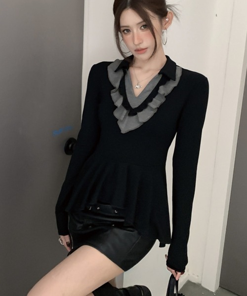 ADDITION STORE(アディションストア)の「\ワンホン大人女子オススメ/ フリルVネック ロングスリーブ ポロ(ポロシャツ・レディース・ブラック/ホワイト/グレー・FREE)」の18枚目の写真