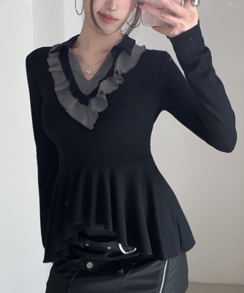 ADDITION STORE(アディションストア)の「\ワンホン大人女子オススメ/ フリルVネック ロングスリーブ ポロ(ポロシャツ・レディース・ブラック/ホワイト/グレー・FREE)」の19枚目の写真