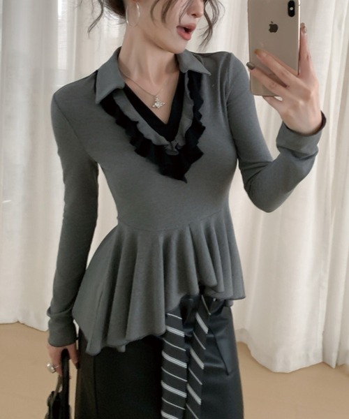 ADDITION STORE(アディションストア)の「\ワンホン大人女子オススメ/ フリルVネック ロングスリーブ ポロ(ポロシャツ・レディース・ブラック/ホワイト/グレー・FREE)」の4枚目の写真