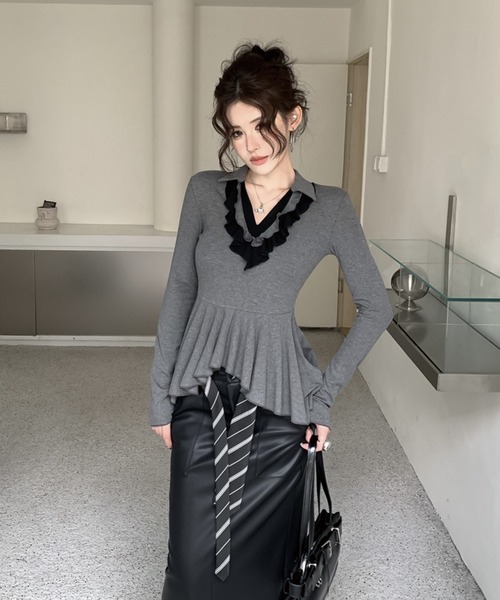 ADDITION STORE(アディションストア)の「\ワンホン大人女子オススメ/ フリルVネック ロングスリーブ ポロ(ポロシャツ・レディース・ブラック/ホワイト/グレー・FREE)」の5枚目の写真