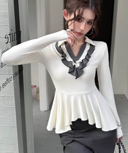 ADDITION STORE(アディションストア)の「\ワンホン大人女子オススメ/ フリルVネック ロングスリーブ ポロ(ポロシャツ・レディース・ブラック/ホワイト/グレー・FREE)」の9枚目の写真