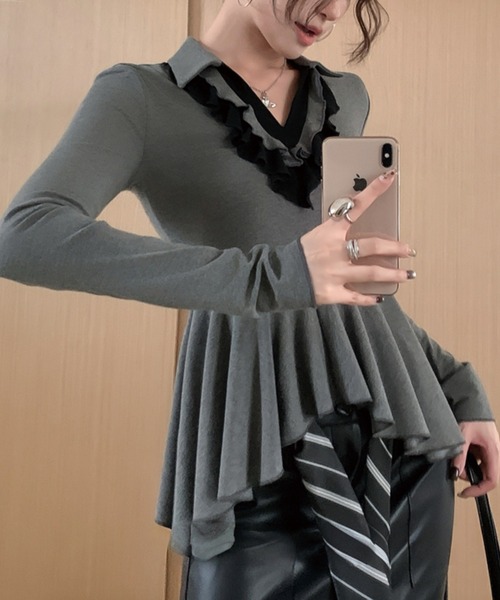 ADDITION STORE(アディションストア)の「\ワンホン大人女子オススメ/ フリルVネック ロングスリーブ ポロ(ポロシャツ・レディース・ブラック/ホワイト/グレー・FREE)」の10枚目の写真