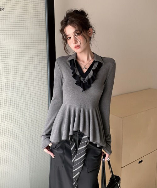 ADDITION STORE(アディションストア)の「\ワンホン大人女子オススメ/ フリルVネック ロングスリーブ ポロ(ポロシャツ・レディース・ブラック/ホワイト/グレー・FREE)」の11枚目の写真