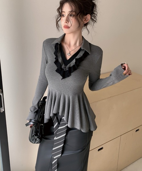 ADDITION STORE(アディションストア)の「\ワンホン大人女子オススメ/ フリルVネック ロングスリーブ ポロ(ポロシャツ・レディース・ブラック/ホワイト/グレー・FREE)」の12枚目の写真