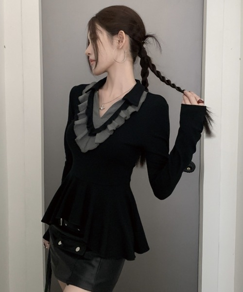 ADDITION STORE(アディションストア)の「\ワンホン大人女子オススメ/ フリルVネック ロングスリーブ ポロ(ポロシャツ・レディース・ブラック/ホワイト/グレー・FREE)」の13枚目の写真