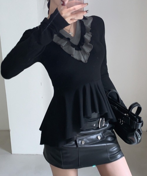 ADDITION STORE(アディションストア)の「\ワンホン大人女子オススメ/ フリルVネック ロングスリーブ ポロ(ポロシャツ・レディース・ブラック/ホワイト/グレー・FREE)」の14枚目の写真