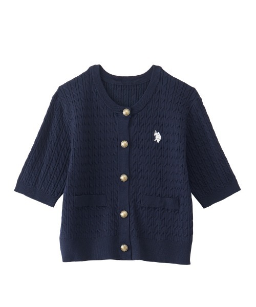 U.S. POLO ASSN.（ユーエスポロアッスン）の「RANAN/solleim別注【U.S. POLO ASSN.】ゴールドボタン半袖刺繍ケーブルニットカーディガン（カーディガン/ボレロ・レディース・ブルー/アイボリー/ブラック/ネイビー・LL/M/L）」の5枚目の写真