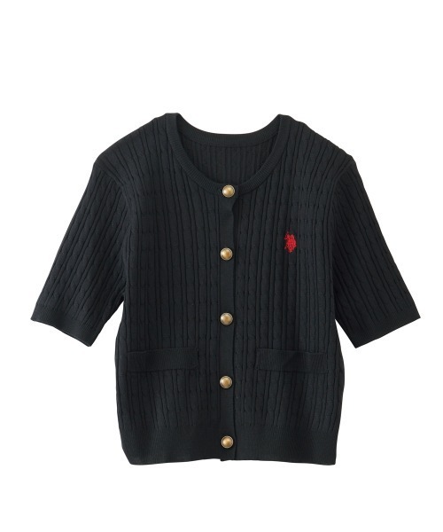 U.S. POLO ASSN.（ユーエスポロアッスン）の「RANAN/solleim別注【U.S. POLO ASSN.】ゴールドボタン半袖刺繍ケーブルニットカーディガン（カーディガン/ボレロ・レディース・ブルー/アイボリー/ブラック/ネイビー・LL/M/L）」の6枚目の写真