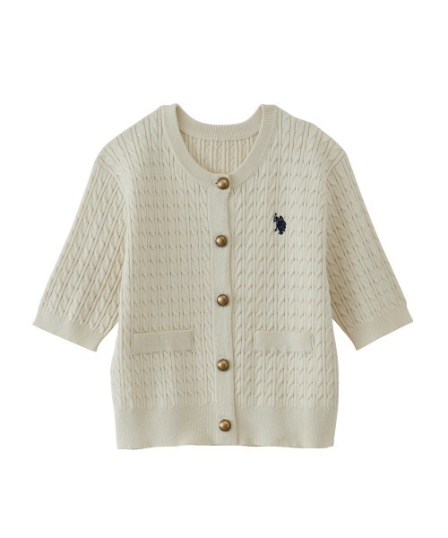 U.S. POLO ASSN.（ユーエスポロアッスン）の「RANAN/solleim別注【U.S. POLO ASSN.】ゴールドボタン半袖刺繍ケーブルニットカーディガン（カーディガン/ボレロ・レディース・ブルー/アイボリー/ブラック/ネイビー・LL/M/L）」の8枚目の写真