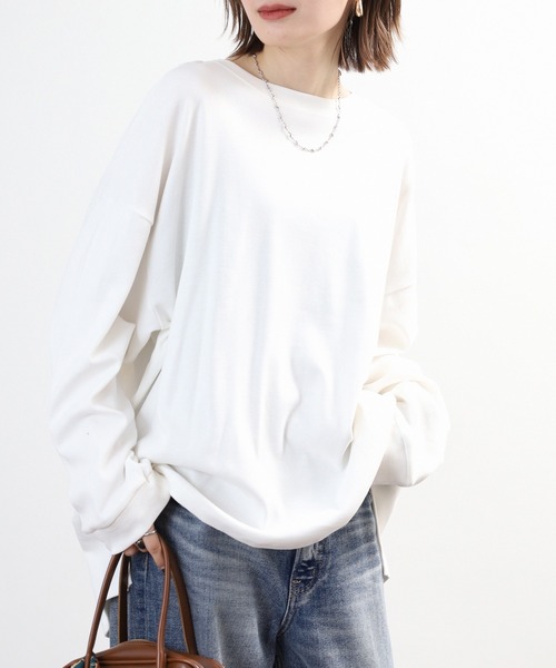 FUNALIVE(ファンアライブ)の「コットンクルーネックロングTシャツ(Tシャツ/カットソー・レディース・オフホワイト/杢グレー/チャコールグレー/グレイッシュベージュ/ブラック・LL~3L/M~L)」の2枚目の写真