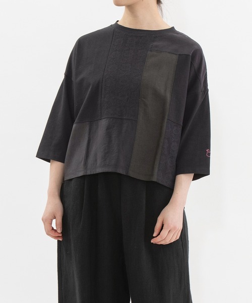 nop de nod(ノップドゥノッド)の「USコットンmisc布帛7分袖Tシャツ(Tシャツ/カットソー・レディース・オフホワイト/ブラック・3)」の1枚目の写真