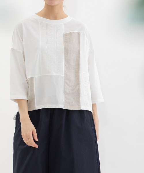 nop de nod(ノップドゥノッド)の「USコットンmisc布帛7分袖Tシャツ(Tシャツ/カットソー・レディース・オフホワイト/ブラック・3)」の6枚目の写真