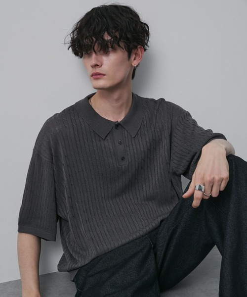 CIYOT(シヨウト)の「【CIYOT】ドライタッチ ショート ケーブル サマーニットポロシャツ(ポロシャツ・メンズ・ブラック/アイボリー/グリーン系/キャメル/ネイビー/チャコールグレー・L/M/S)」の20枚目の写真