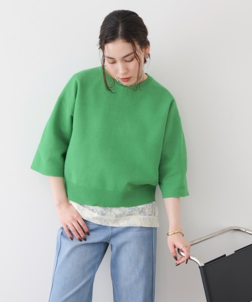 Bou Jeloud（ブージュルード）の「ラメ混総針ニットＴシャツ（Tシャツ/カットソー・レディース・ネイビー/グリーン/ライトグレー・FREE）」の2枚目の写真