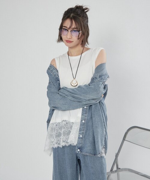 Remind me and forever(リマインドミーアンドフォーエバー)の「【接触冷感/大人のカジュアルコーデに】テンセルデニム2WAYシャツ(シャツ/ブラウス・レディース・ケミカルウォッシュ/スミクロ・FREE)」の14枚目の写真