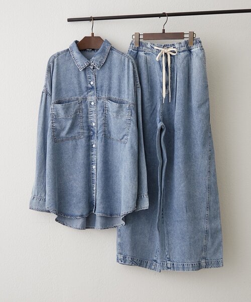 Remind me and forever（リマインドミーアンドフォーエバー）の「【接触冷感/大人のカジュアルコーデに】テンセルデニム2WAYシャツ（シャツ/ブラウス・レディース・ケミカルウォッシュ/スミクロ・FREE）」の9枚目の写真