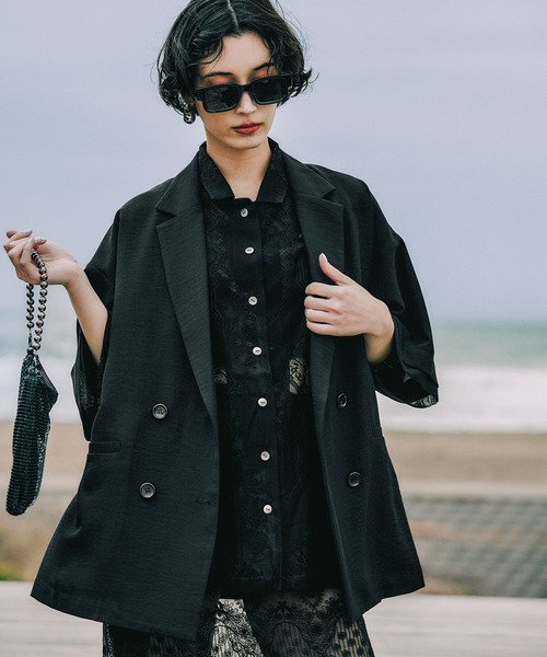 LEPSIM（レプシィム）の「《リネンライクドライシリーズ》ルーズ切り替え5分袖Wジャケット　639027（テーラードジャケット・レディース・ブラック/ライトベージュ/テラコッタ/カーキブラウン・FREE）」の2枚目の写真