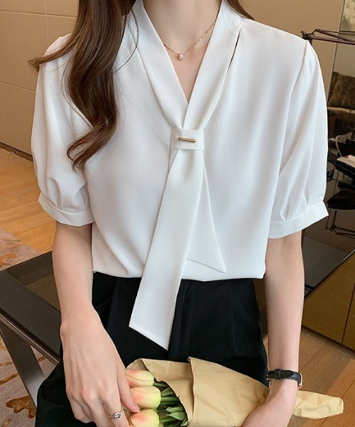 yuue' ( wear )(ユーイ)の「オフィス、プライベート、オケージョンにも◎ボウタイ半袖ブラウス(シャツ/ブラウス・レディース・ホワイト/ブルー・FREE)」の19枚目の写真