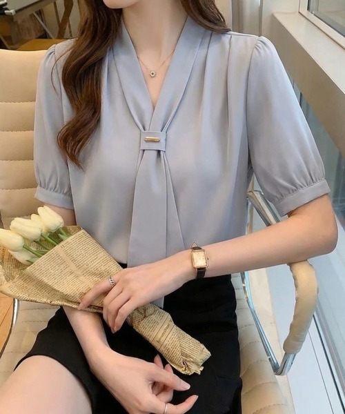 yuue' ( wear )(ユーイ)の「オフィス、プライベート、オケージョンにも◎ボウタイ半袖ブラウス(シャツ/ブラウス・レディース・ホワイト/ブルー・FREE)」の7枚目の写真