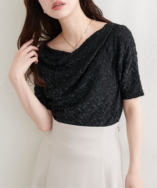 natural couture(ナチュラルクチュール)の「ジャガードカットドレープTOPS(Tシャツ/カットソー・レディース・ブラウン/ピンク/オフホワイト/ブラック・FREE)」の1枚目の写真