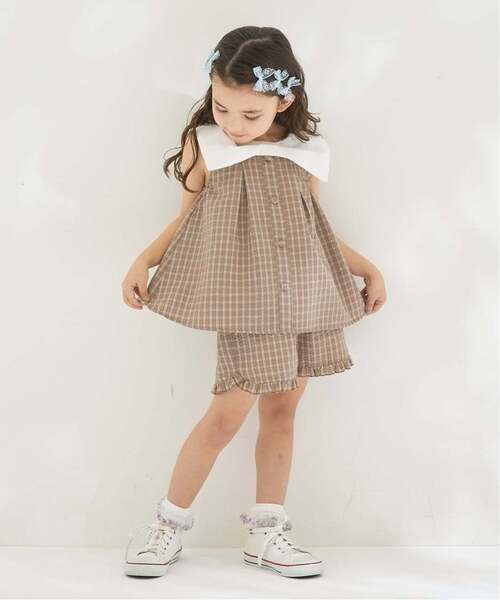 Lycee mine（リセマイン）の「リボン衿つきブラウス・裾フリルハーフパンツセット【子供服】【キッズ】【女の子】（セットアップ・キッズ・ラベンダー/レッド/ベージュ系その他/ピンク/サックスブルー/ブラック・120cm/140cm/150cm/100cm/110cm/130cm）」の3枚目の写真
