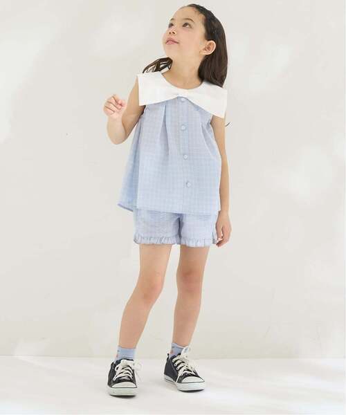 Lycee mine（リセマイン）の「リボン衿つきブラウス・裾フリルハーフパンツセット【子供服】【キッズ】【女の子】（セットアップ・キッズ・ラベンダー/レッド/ベージュ系その他/ピンク/サックスブルー/ブラック・120cm/140cm/150cm/100cm/110cm/130cm）」の4枚目の写真