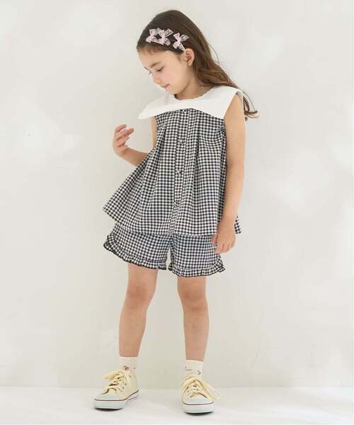Lycee mine（リセマイン）の「リボン衿つきブラウス・裾フリルハーフパンツセット【子供服】【キッズ】【女の子】（セットアップ・キッズ・ラベンダー/レッド/ベージュ系その他/ピンク/サックスブルー/ブラック・120cm/140cm/150cm/100cm/110cm/130cm）」の2枚目の写真