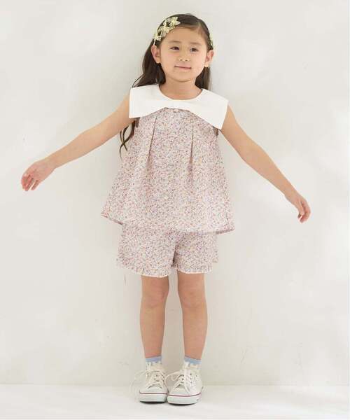 Lycee mine(リセマイン)の「リボン衿つきブラウス・裾フリルハーフパンツセット【子供服】【キッズ】【女の子】(セットアップ・キッズ・ラベンダー/レッド/ベージュ系その他/ピンク/サックスブルー/ブラック・120cm/140cm/150cm/100cm/110cm/130cm)」の7枚目の写真