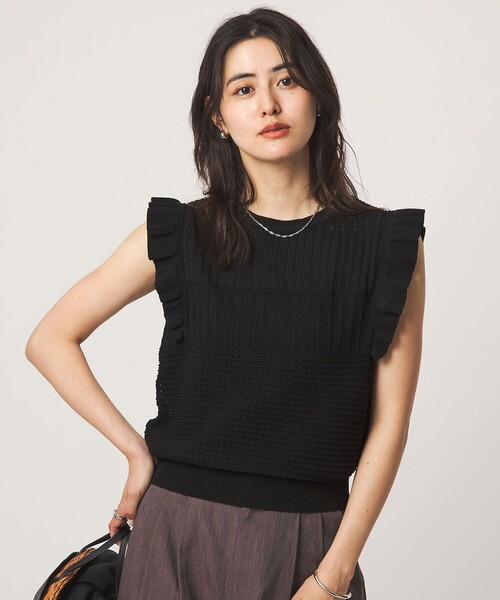 green label relaxing(グリーンレーベルリラクシング)の「フリル ノースリーブ ニット(ニット/セーター・レディース・ホワイト/ブラック・FREE)」の2枚目の写真