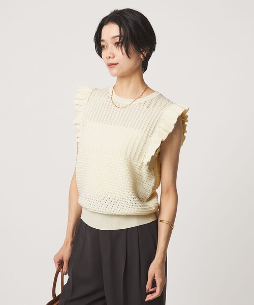 green label relaxing(グリーンレーベルリラクシング)の「フリル ノースリーブ ニット(ニット/セーター・レディース・ホワイト/ブラック・FREE)」の5枚目の写真