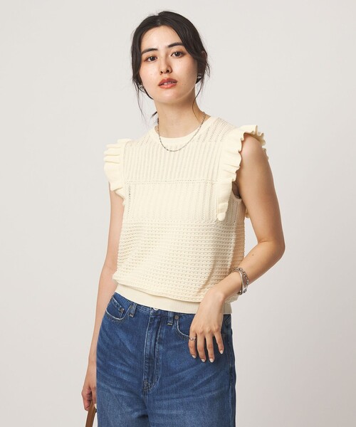 green label relaxing(グリーンレーベルリラクシング)の「フリル ノースリーブ ニット(ニット/セーター・レディース・ホワイト/ブラック・FREE)」の9枚目の写真
