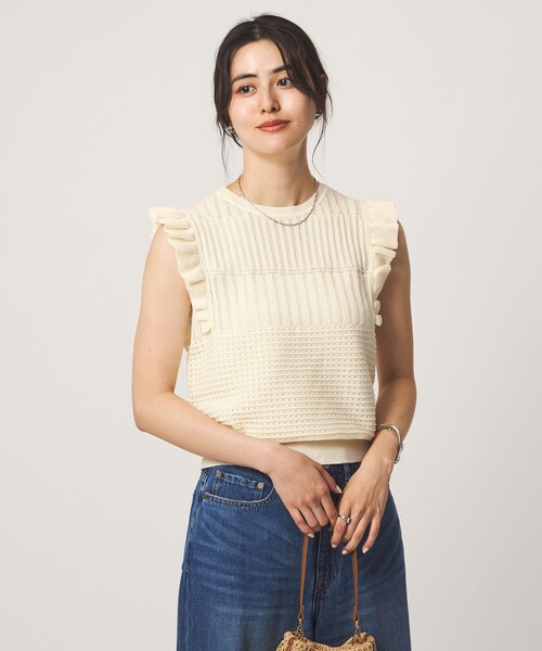 green label relaxing(グリーンレーベルリラクシング)の「フリル ノースリーブ ニット(ニット/セーター・レディース・ホワイト/ブラック・FREE)」の10枚目の写真