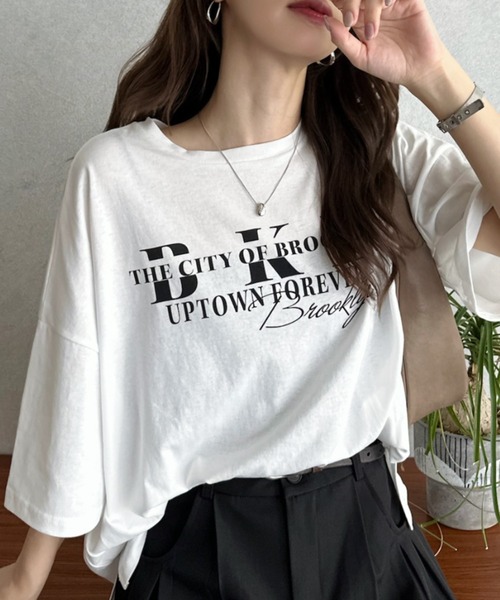 Eclat one(エクラワン)の「【Eclat one】コットン 天竺 カレッジロゴ プリント ワイドTシャツ(Tシャツ/カットソー・レディース・ブラック/オフホワイト・FREE)」の14枚目の写真