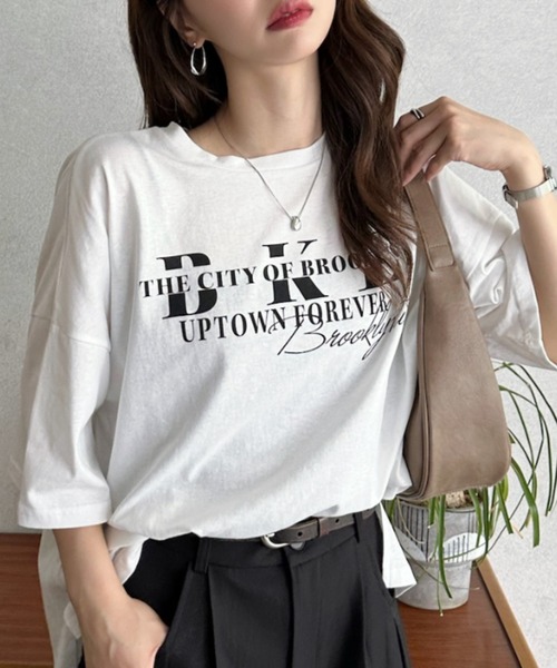 Eclat one(エクラワン)の「【Eclat one】コットン 天竺 カレッジロゴ プリント ワイドTシャツ(Tシャツ/カットソー・レディース・ブラック/オフホワイト・FREE)」の8枚目の写真