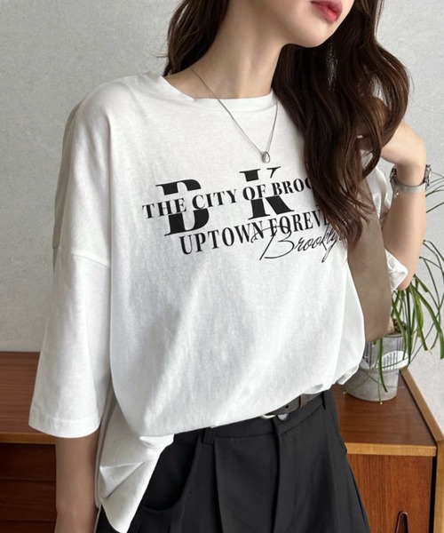 Eclat one(エクラワン)の「【Eclat one】コットン 天竺 カレッジロゴ プリント ワイドTシャツ(Tシャツ/カットソー・レディース・ブラック/オフホワイト・FREE)」の12枚目の写真