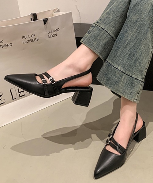 Lace Ladies(レースレディース)の「レザー調 ダブルベルト バックストラップ ヒール パンプス(パンプス・レディース・ブラック/アイボリー・22.5cm/23cm/23.5cm/24cm/24.5cm/25cm)」の1枚目の写真