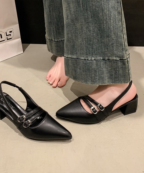 Lace Ladies(レースレディース)の「レザー調 ダブルベルト バックストラップ ヒール パンプス(パンプス・レディース・ブラック/アイボリー・22.5cm/23cm/23.5cm/24cm/24.5cm/25cm)」の7枚目の写真