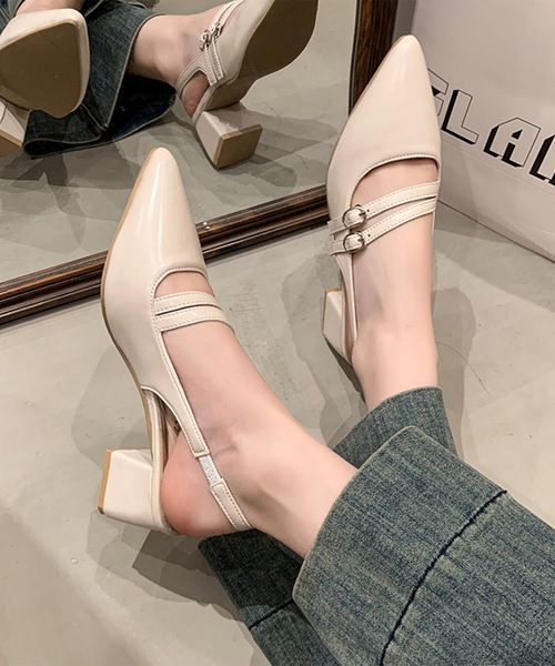Lace Ladies(レースレディース)の「レザー調 ダブルベルト バックストラップ ヒール パンプス(パンプス・レディース・ブラック/アイボリー・22.5cm/23cm/23.5cm/24cm/24.5cm/25cm)」の11枚目の写真