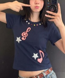 音符モチーフビジューネックTシャツ
