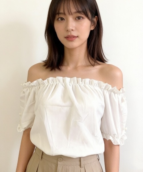 gossip!ロサンゼルス(ゴシップロサンゼルス)の「【Y2Kガーリー】2wayフリルリボンパフスリーブオフショルブラウス オフショルダーシャーリングトップス(シャツ/ブラウス・レディース・アイボリー/ホワイト/ブラック・M)」の4枚目の写真