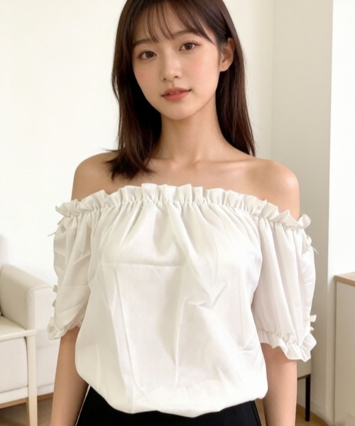 gossip!ロサンゼルス(ゴシップロサンゼルス)の「【Y2Kガーリー】2wayフリルリボンパフスリーブオフショルブラウス オフショルダーシャーリングトップス(シャツ/ブラウス・レディース・アイボリー/ホワイト/ブラック・M)」の5枚目の写真
