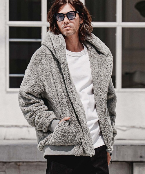 CAMBIO（カンビオ）の「mj11705-Short Micro Fur Asymmetric Zip Hoodie ファージップパーカー(A74826cmb)（その他アウター・メンズ・ブラック/グレー/ベージュ・S/M/L）」の2枚目の写真