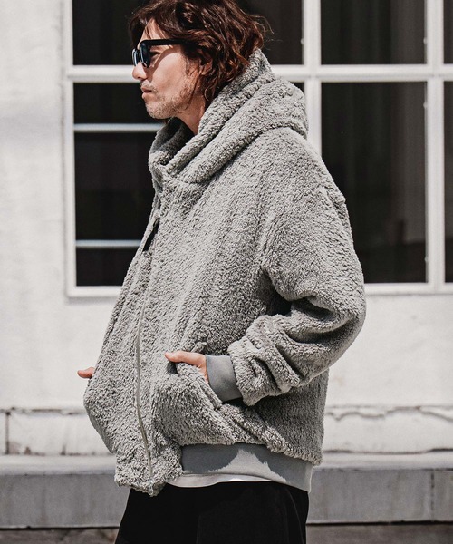 CAMBIO（カンビオ）の「mj11705-Short Micro Fur Asymmetric Zip Hoodie ファージップパーカー(A74826cmb)（その他アウター・メンズ・ブラック/グレー/ベージュ・S/M/L）」の12枚目の写真