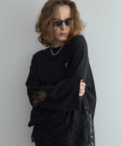JOSE MOON(ジョゼムーン)の「LACE DOCKING LONG TEE/レースドッキングロングT(Tシャツ/カットソー・レディース・ライトピンク/ブラック/ホワイト/グレー・FREE)」の3枚目の写真