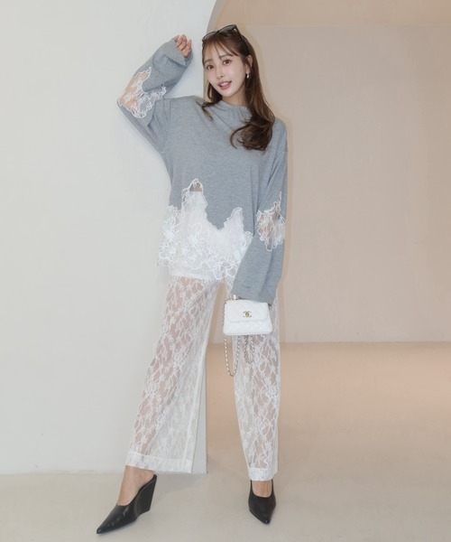 JOSE MOON(ジョゼムーン)の「LACE DOCKING LONG TEE/レースドッキングロングT(Tシャツ/カットソー・レディース・ライトピンク/ブラック/ホワイト/グレー・FREE)」の12枚目の写真