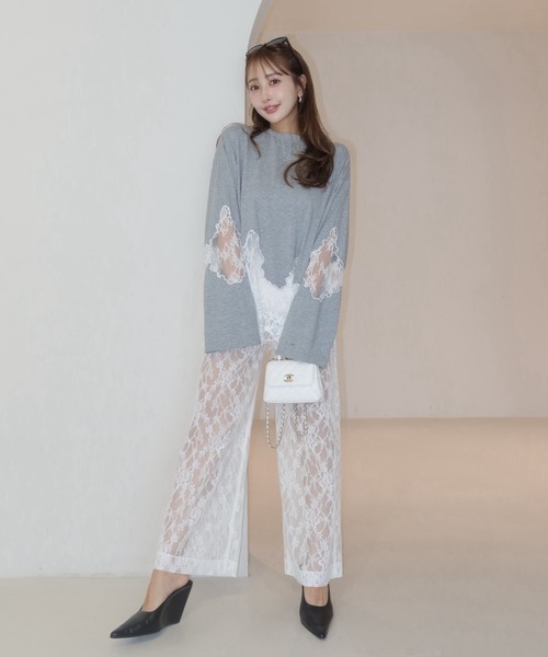 JOSE MOON(ジョゼムーン)の「LACE DOCKING LONG TEE/レースドッキングロングT(Tシャツ/カットソー・レディース・ライトピンク/ブラック/ホワイト/グレー・FREE)」の11枚目の写真