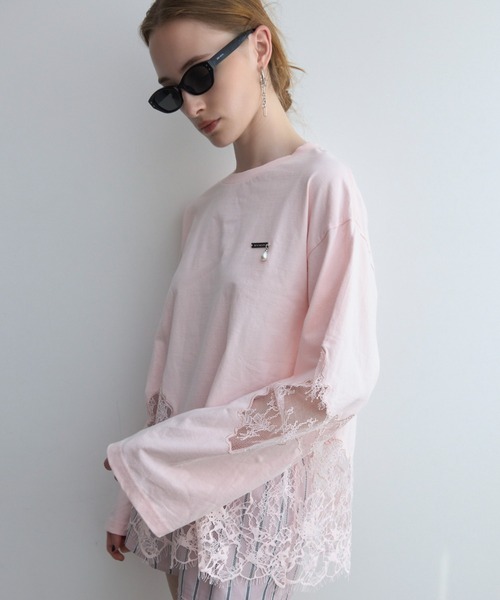 JOSE MOON(ジョゼムーン)の「LACE DOCKING LONG TEE/レースドッキングロングT(Tシャツ/カットソー・レディース・ライトピンク/ブラック/ホワイト/グレー・FREE)」の20枚目の写真