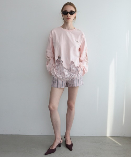 JOSE MOON(ジョゼムーン)の「LACE DOCKING LONG TEE/レースドッキングロングT(Tシャツ/カットソー・レディース・ライトピンク/ブラック/ホワイト/グレー・FREE)」の22枚目の写真
